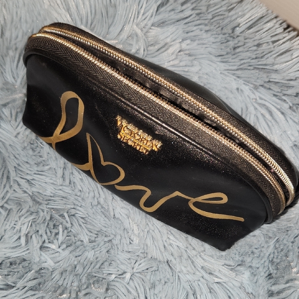 Victoria's Secret Black and Gold Cosmetic Bag with Cursive Design - Picture 2 of 4